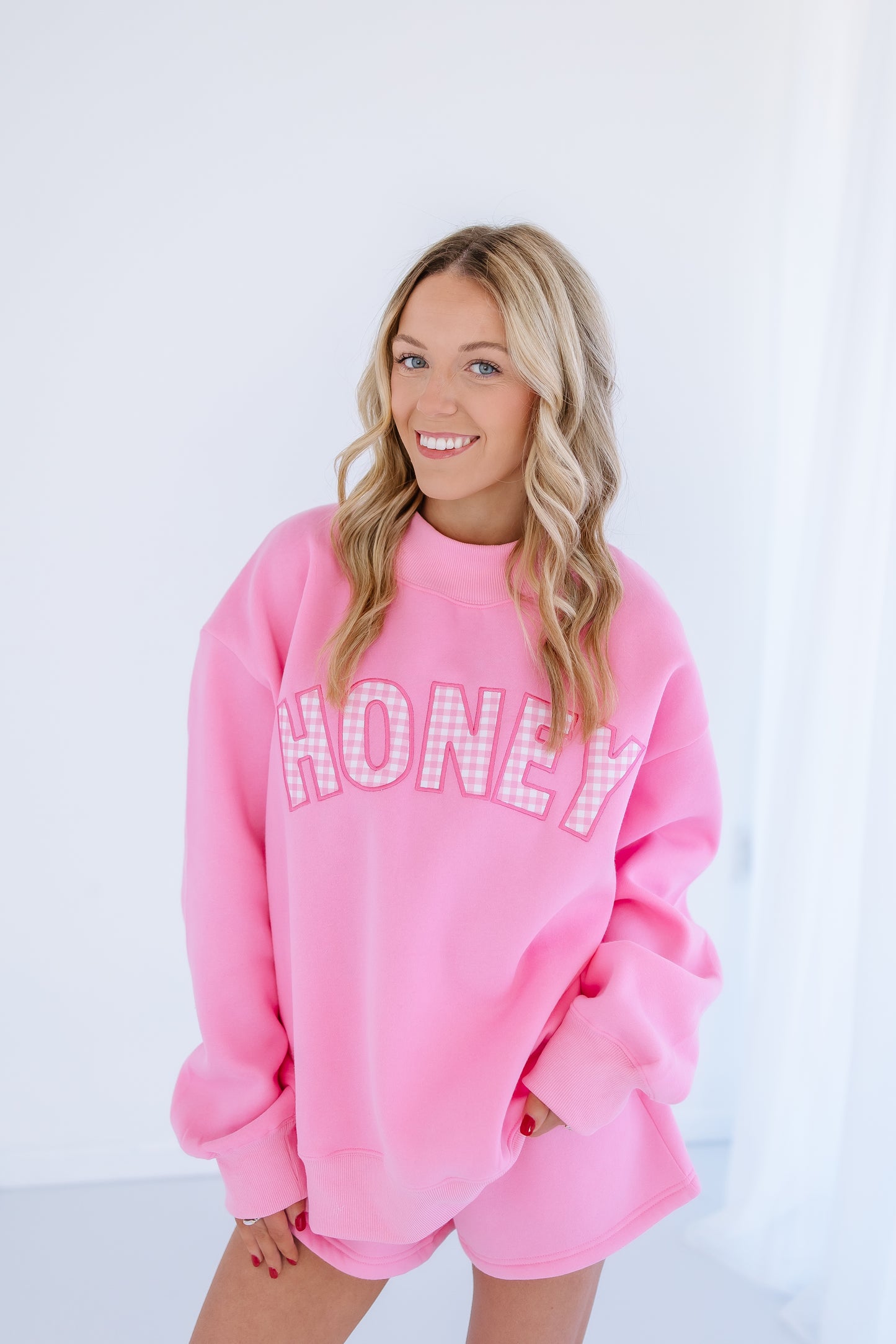 PINK GINGHAM HONEY MOCK NECK