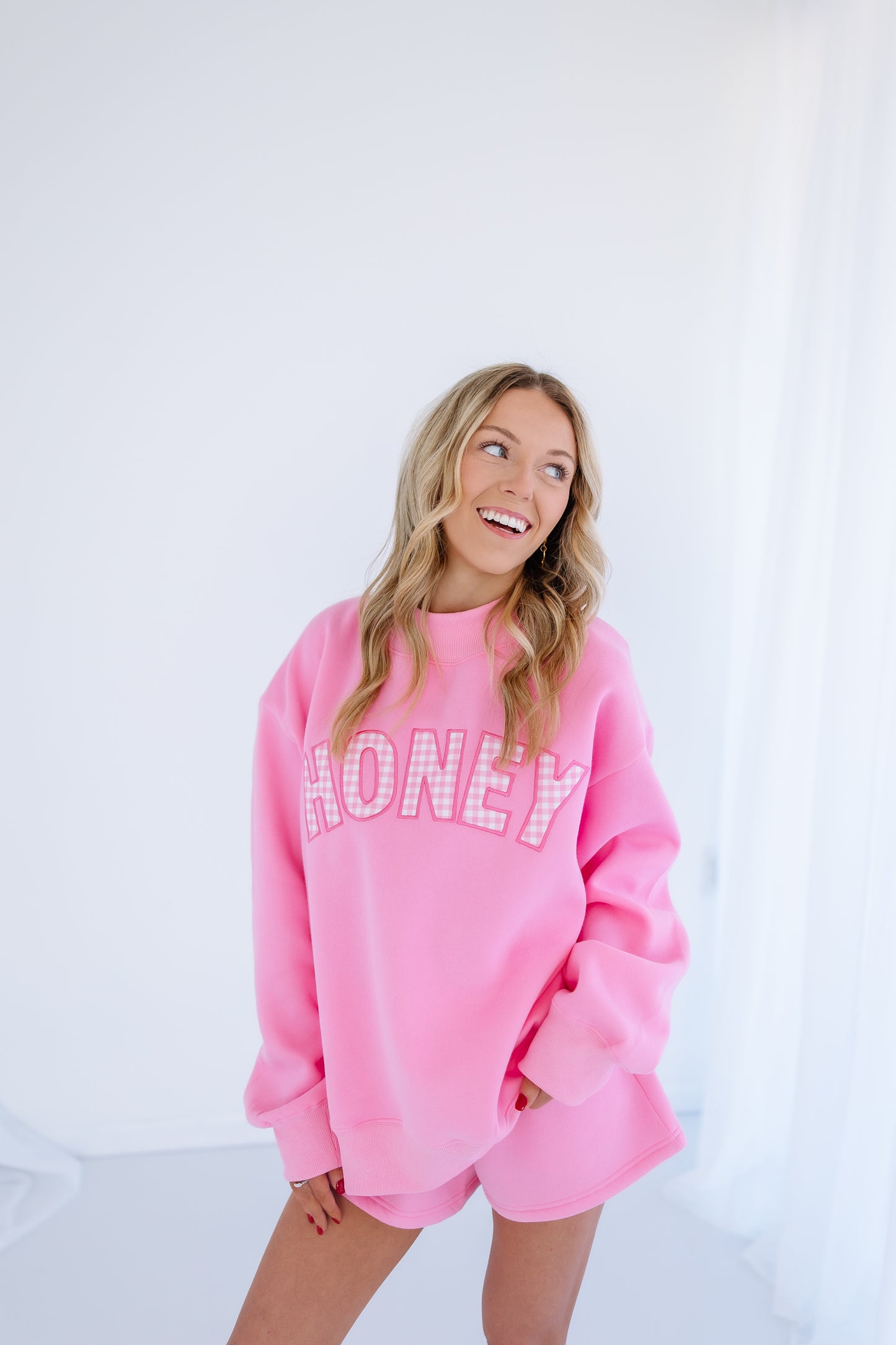 PINK GINGHAM HONEY MOCK NECK