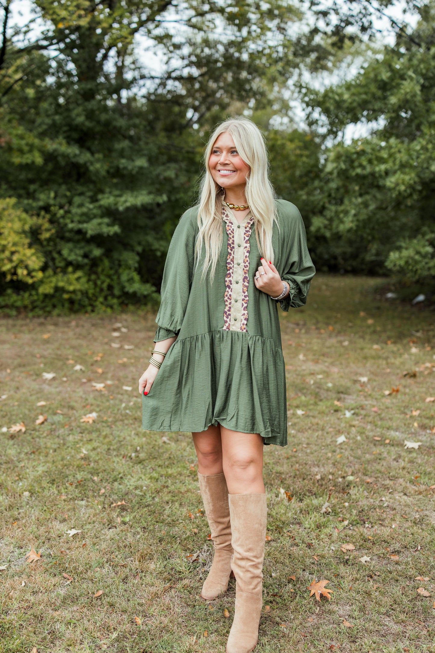 SO PERFECT LEOPARD TRIM DRESS