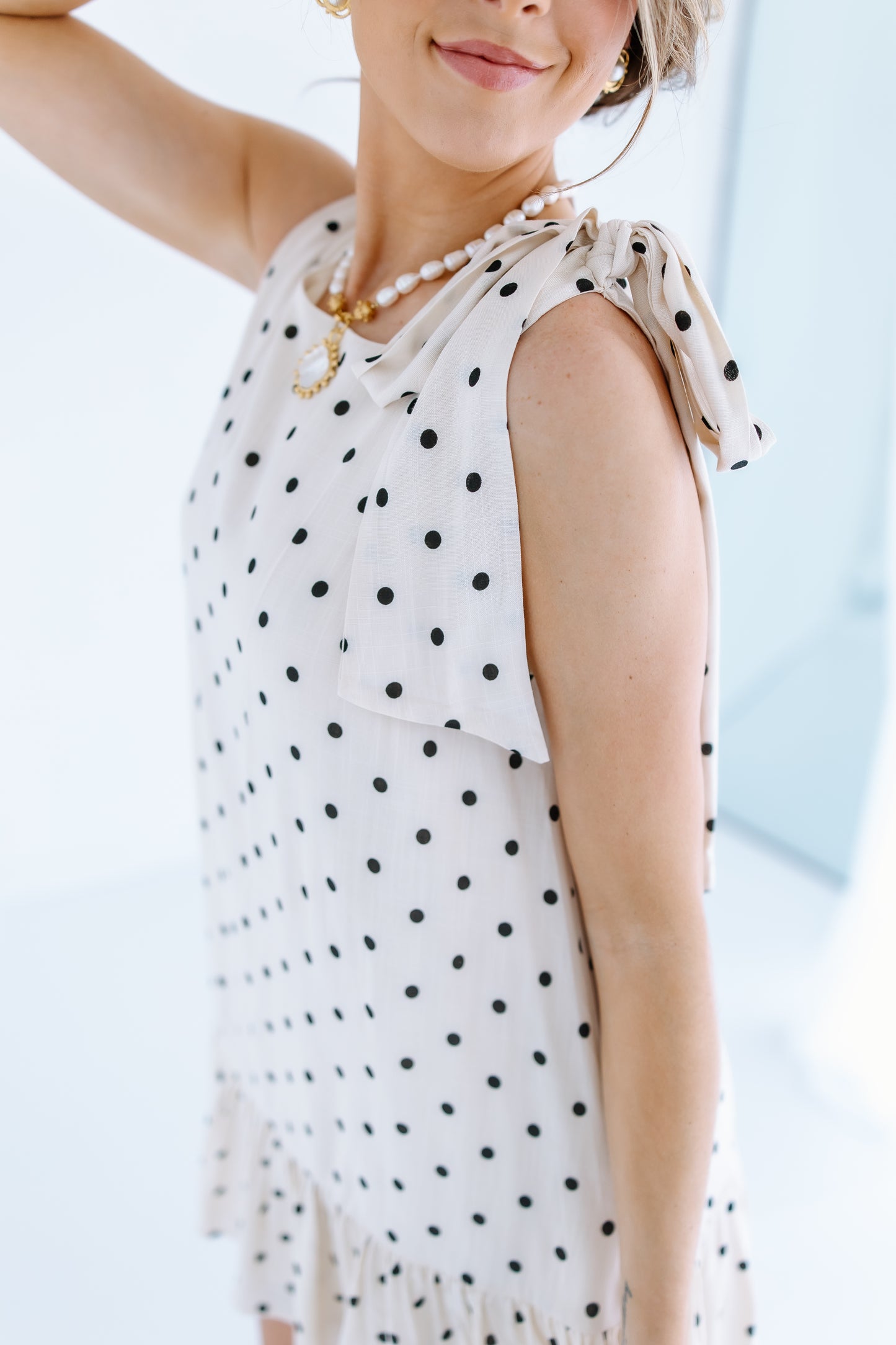 POLKA DOT SHOULDER RUFFLE MINI DRESS