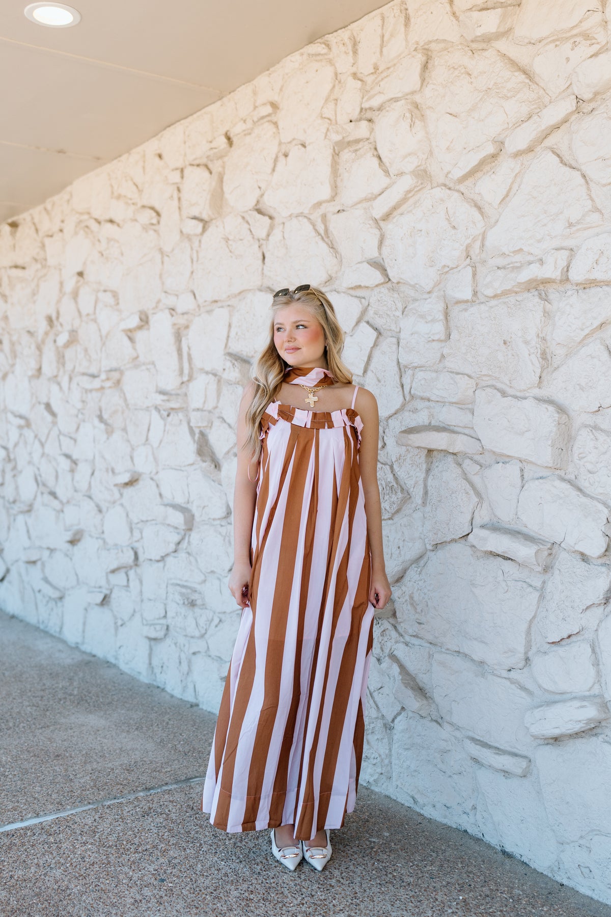 STRIPE RUFFLE NECK SWEATER MAXI DRESS