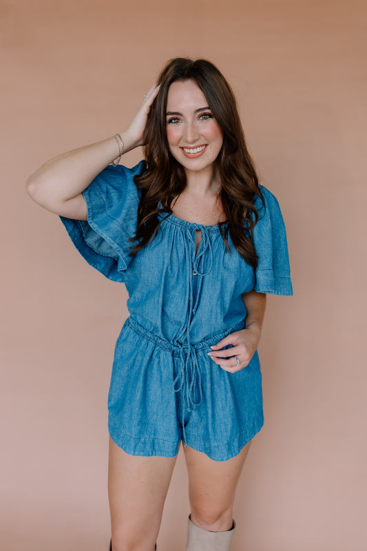 DENIM BUTTERFLY SLEEVE LOOSE FIT ROMPER