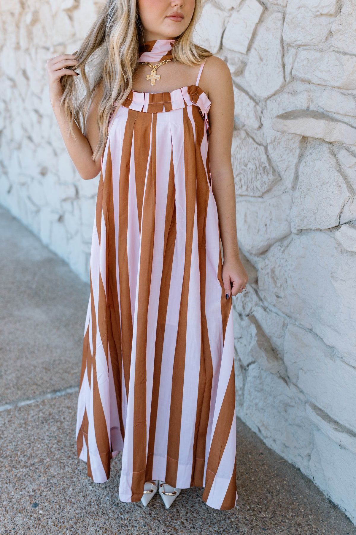 STRIPE RUFFLE NECK SWEATER MAXI DRESS