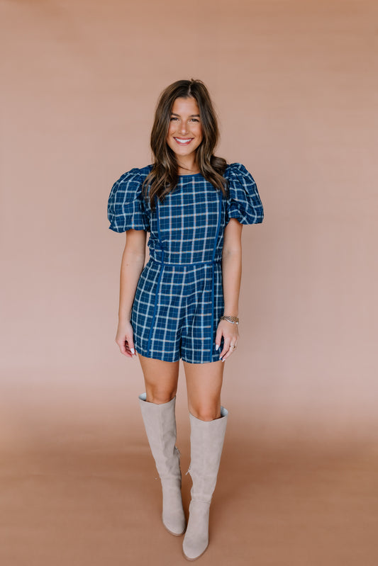 PLAID PUFF SLEEVE ROMPER