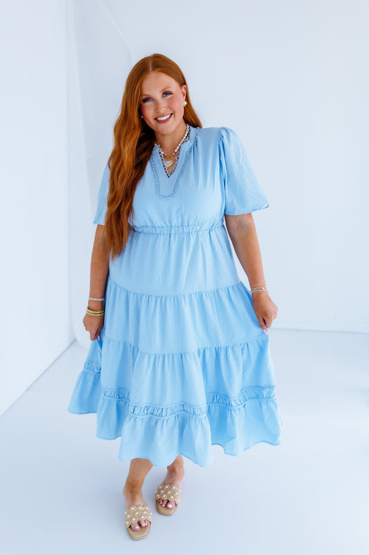 PEACEFUL SKY BLUE TIERED MIDI DRESS
