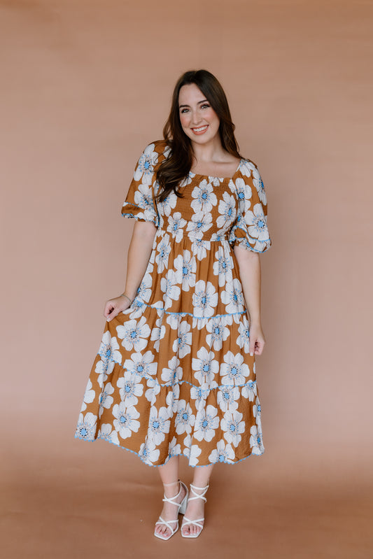 FALLING LEAVES FLORAL MIDI DRESS