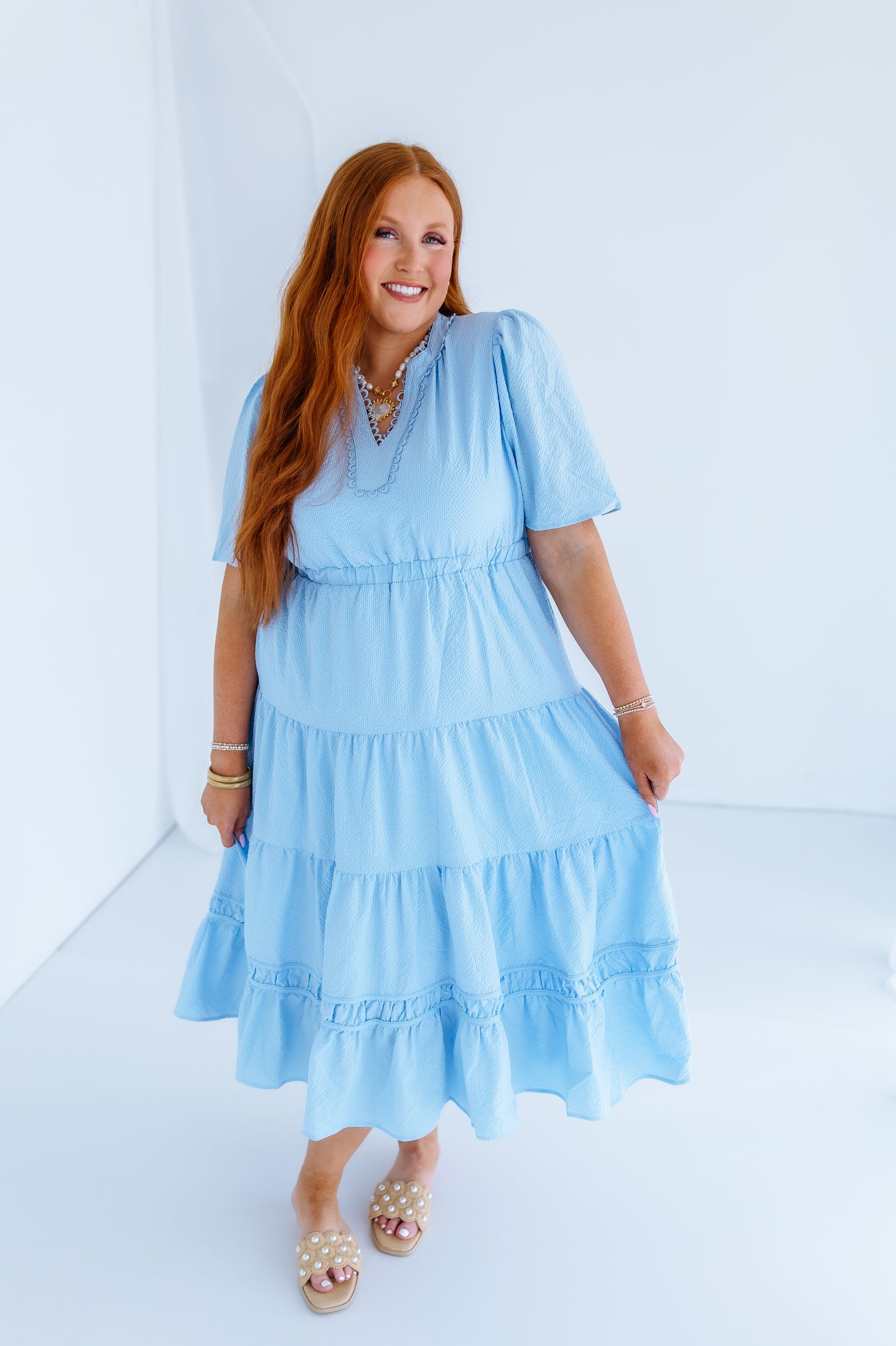 PEACEFUL SKY BLUE TIERED MIDI DRESS