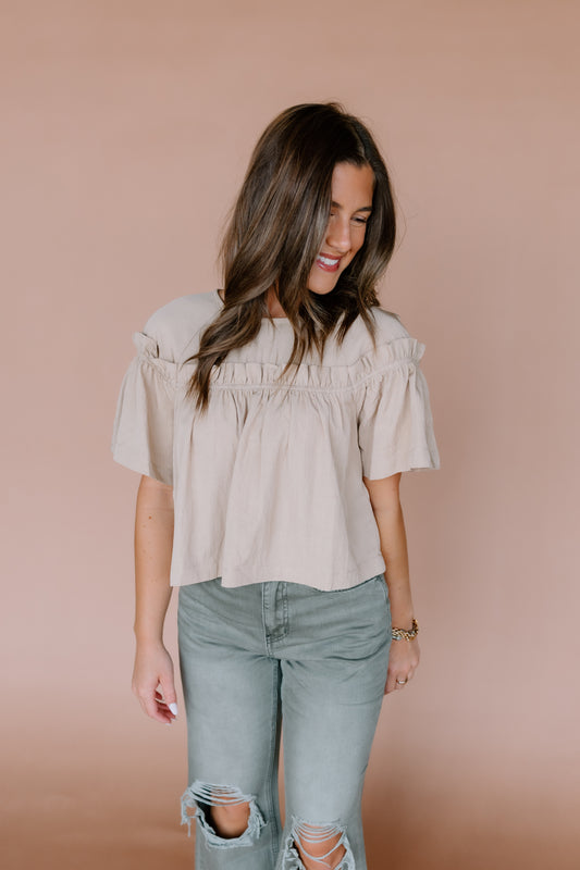 SHIRRED YOKE CROPPED BLOUSE