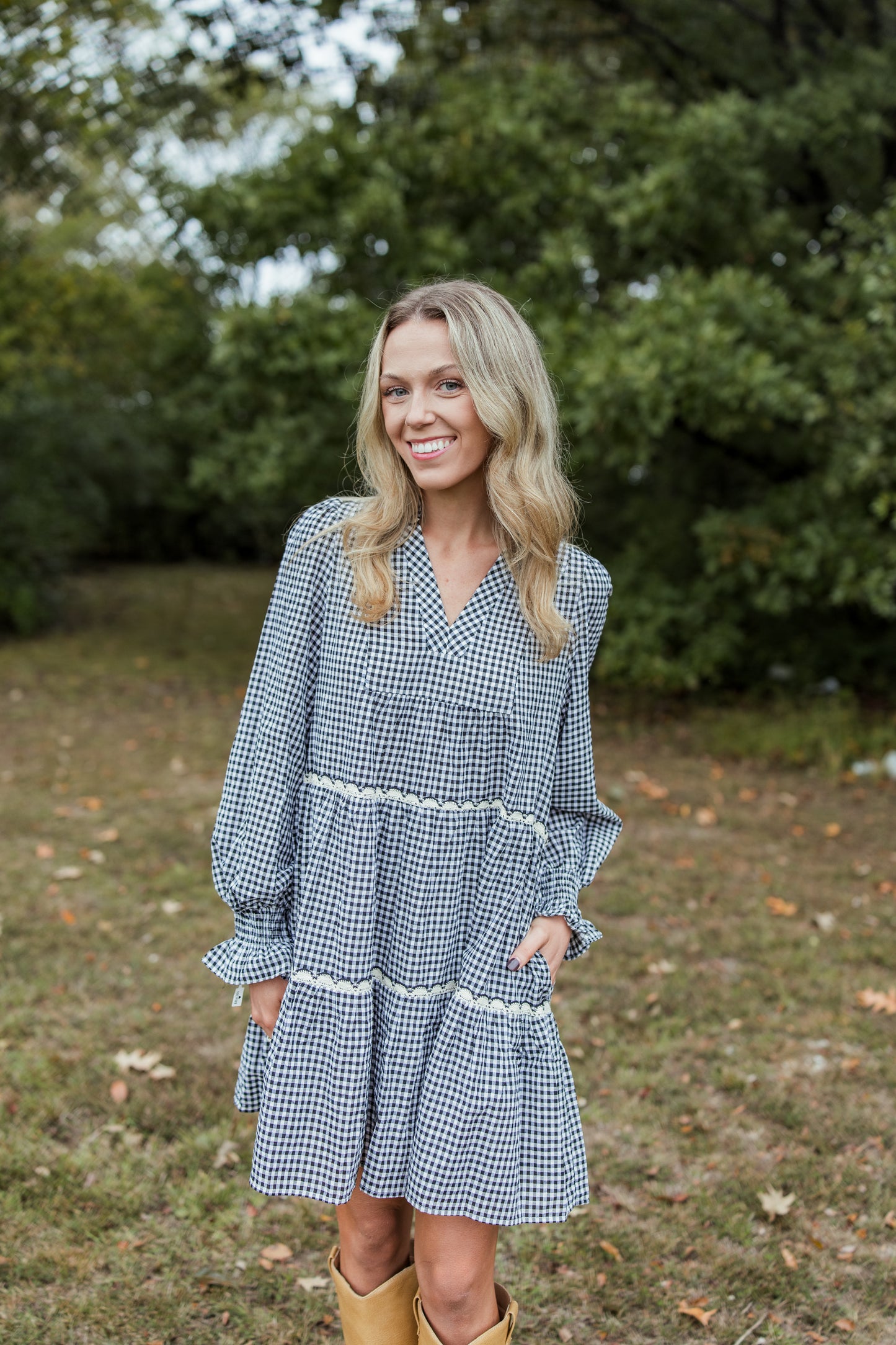 GINGHAM RUFFLE MINI DRESS