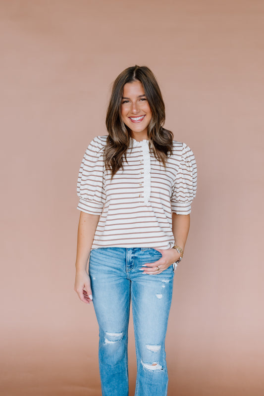 STRIPE PRINT PUFF SLEEVE TOP