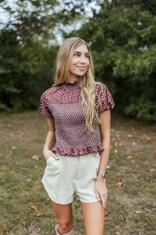 CHLO POLKADOT SMOCKED MOCK NECK TOP