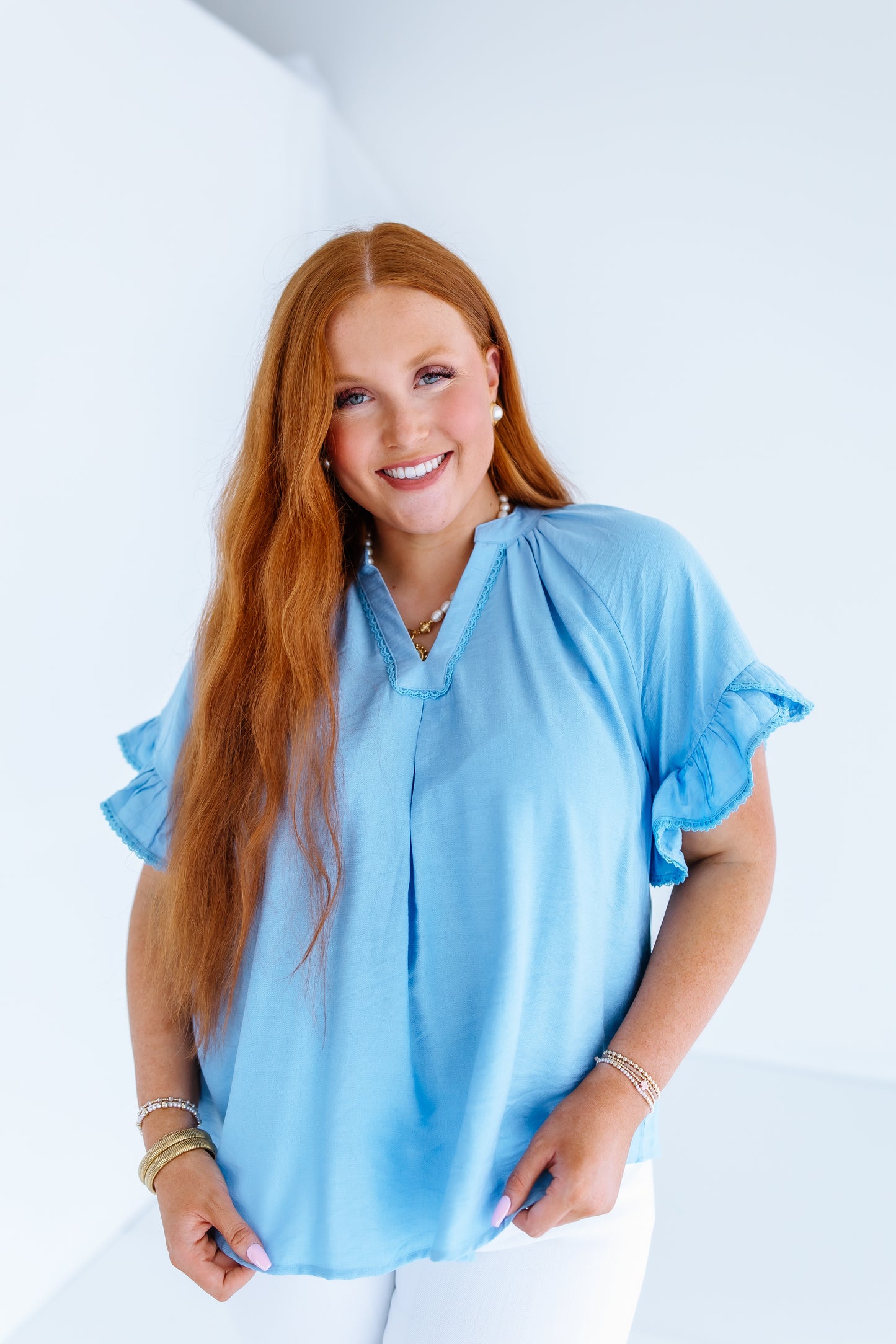 RUFFLE FLUTTER TOP - SKY BLUE