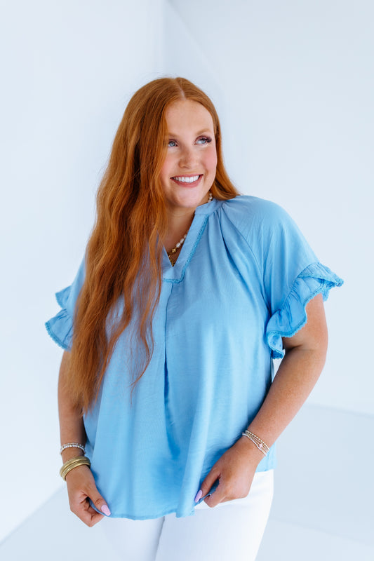 RUFFLE FLUTTER TOP - SKY BLUE