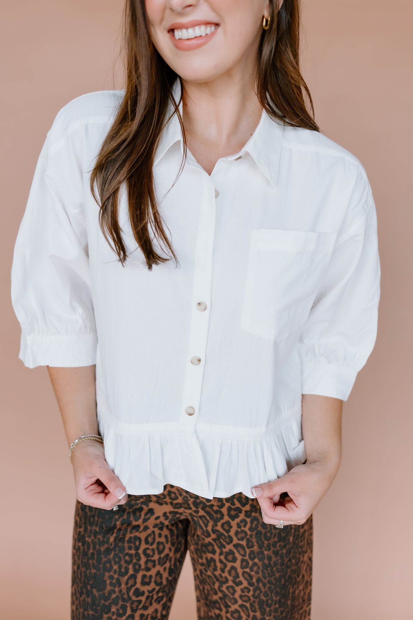RUFFLE HEM BUTTON UP SHIRT