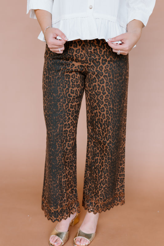 EMBROIDERED HEM LEOPARD PRINT PANTS