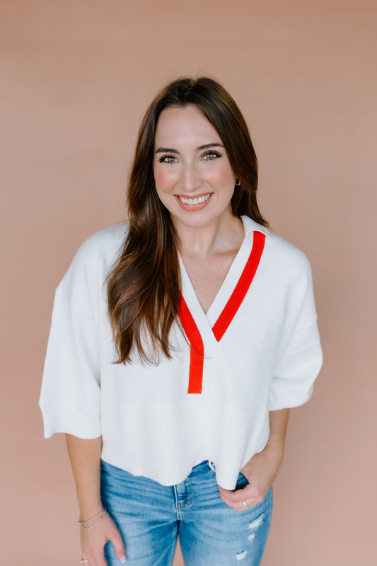V-NECK COLOR TRIM SWEATER TOP