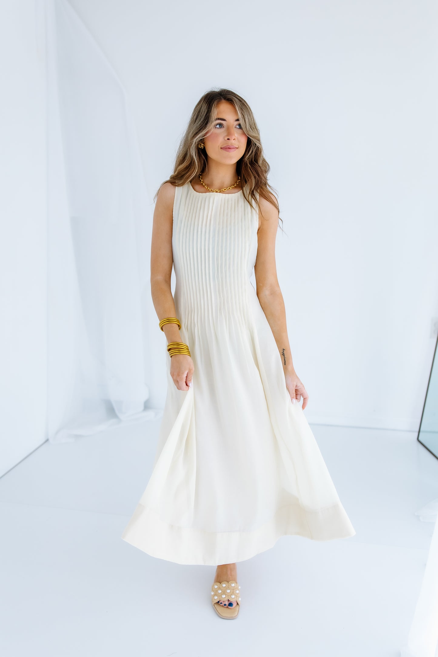 MILLIE PINTUCK SLEEVELESS MIDI DRESS