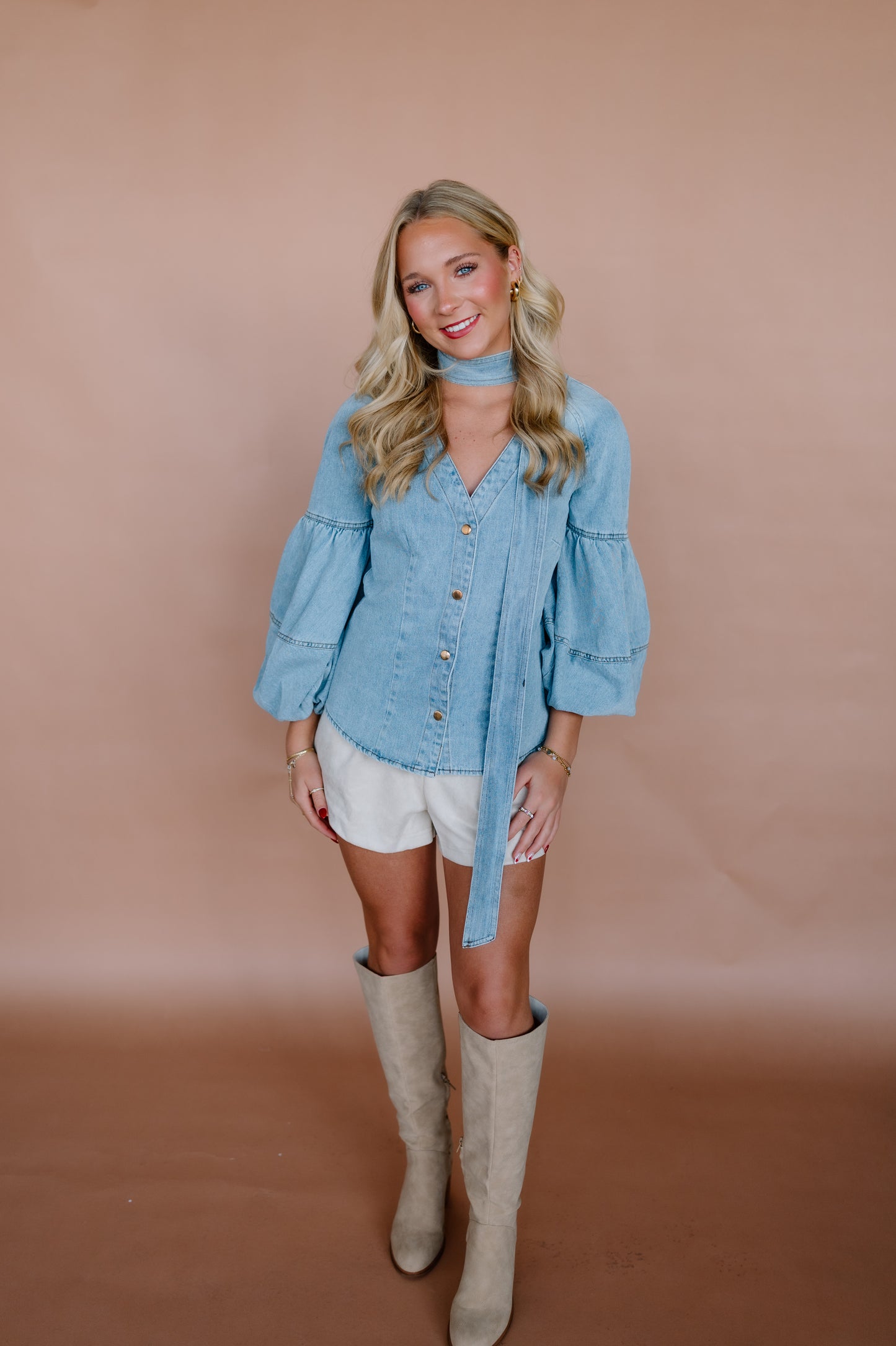 DENIM PUFF SLEEVE TIE TOP