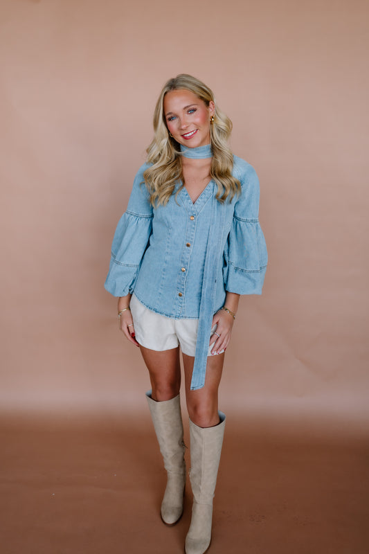 DENIM PUFF SLEEVE TIE TOP
