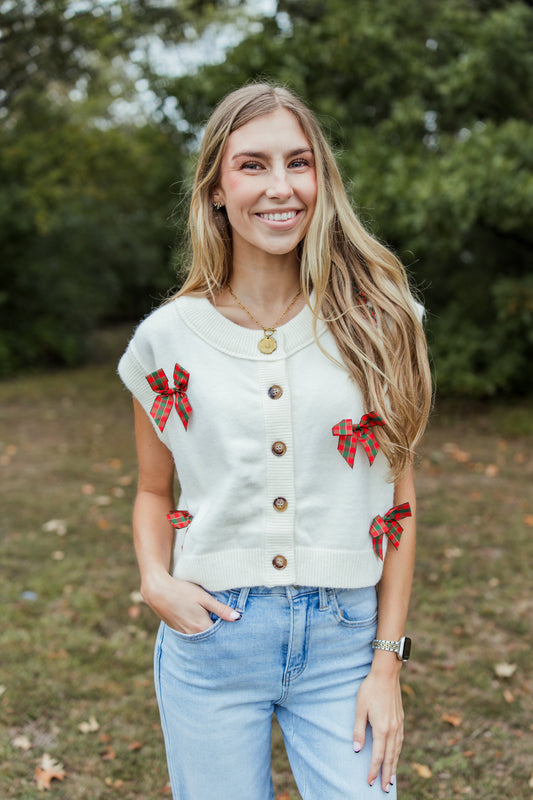 LOTS OF RIBBON CROPPED BUTTON DOWN VEST