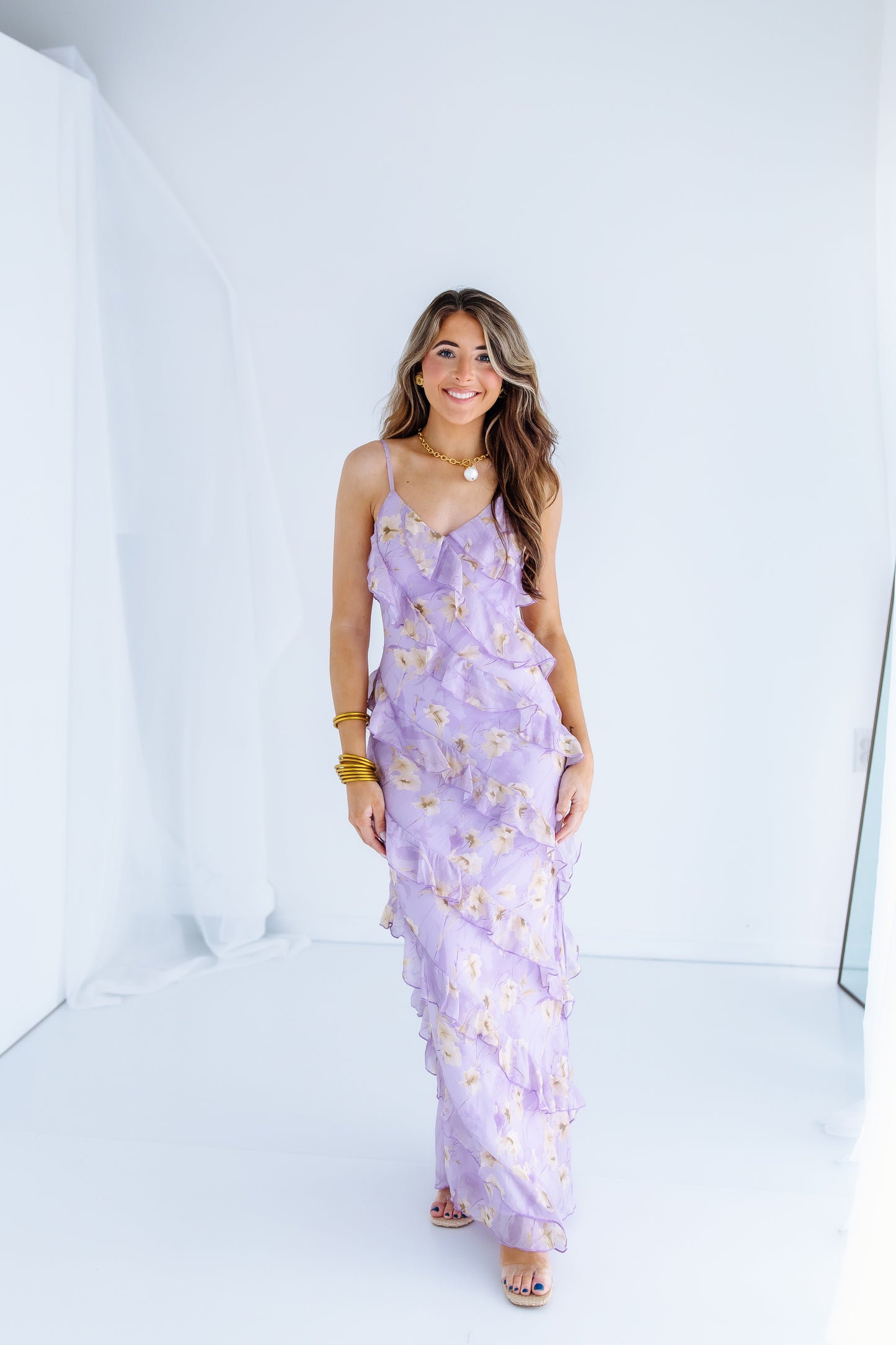 FLORAL RUFFLE ASYMMETRICAL MAXI DRESS