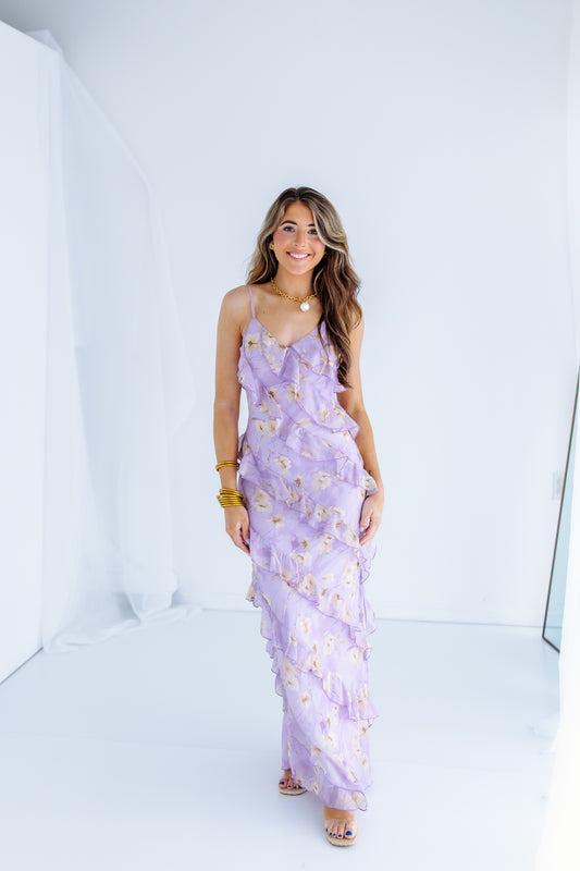 FLORAL RUFFLE ASYMMETRICAL MAXI DRESS
