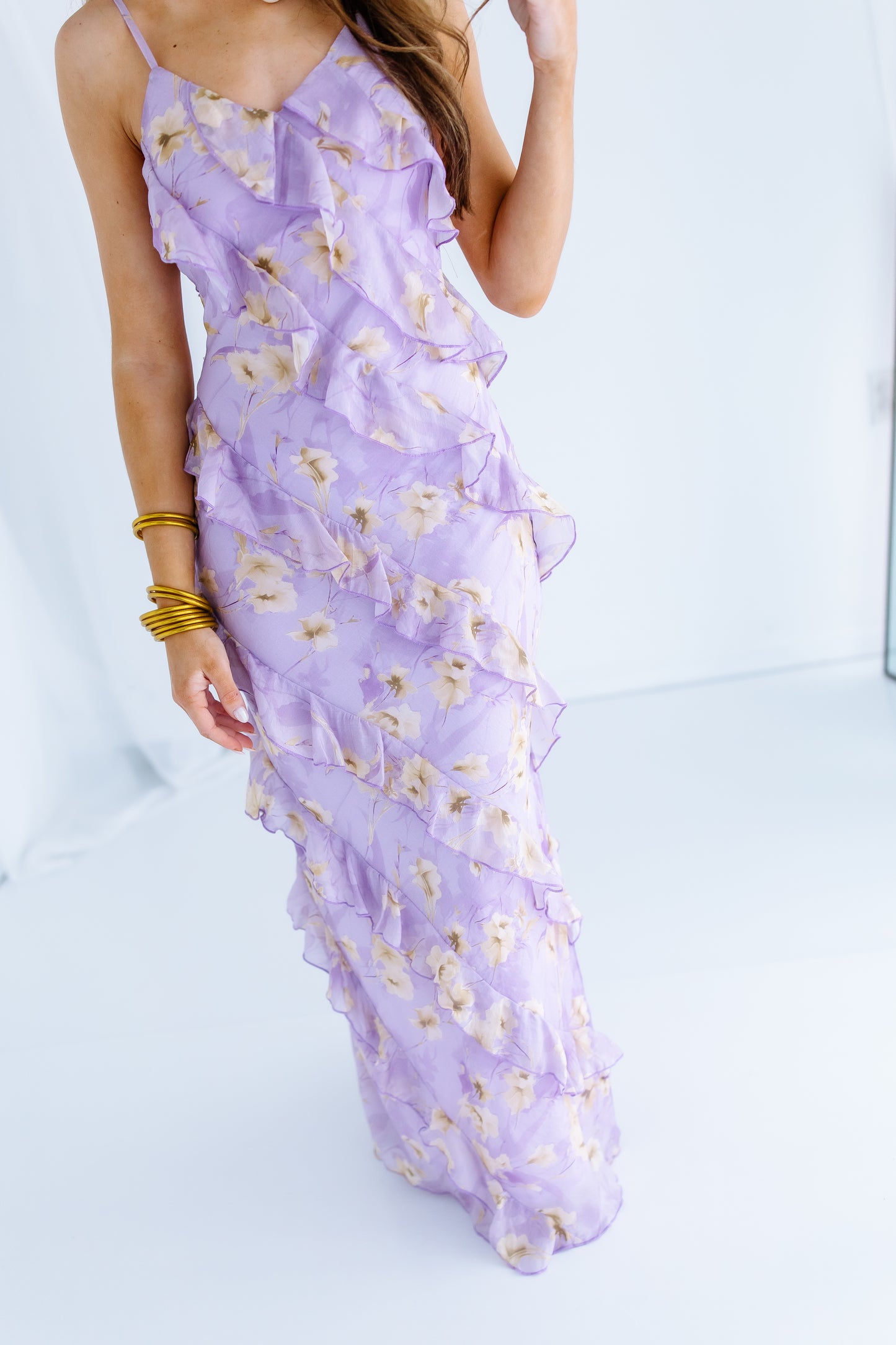 FLORAL RUFFLE ASYMMETRICAL MAXI DRESS