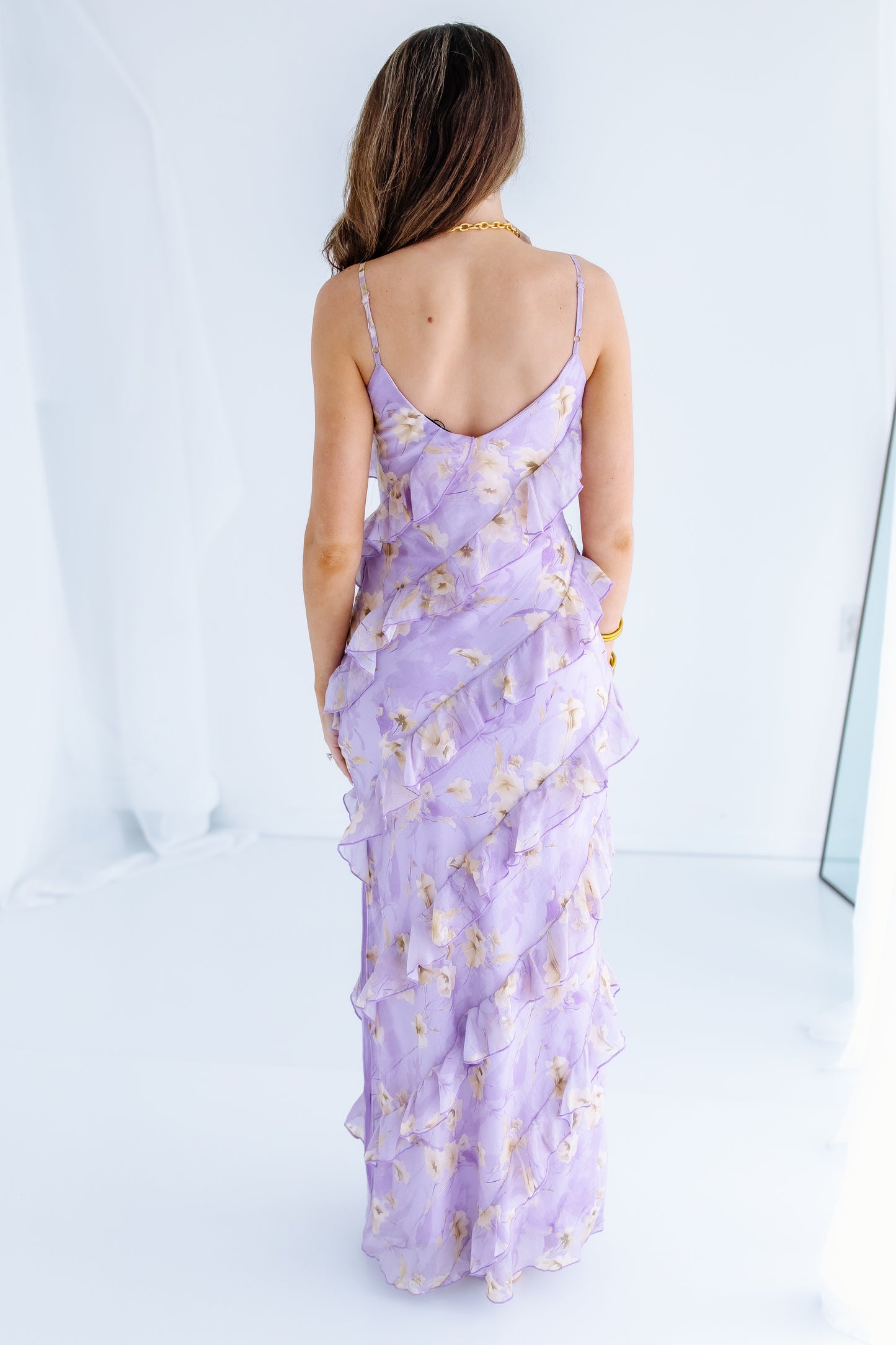 FLORAL RUFFLE ASYMMETRICAL MAXI DRESS