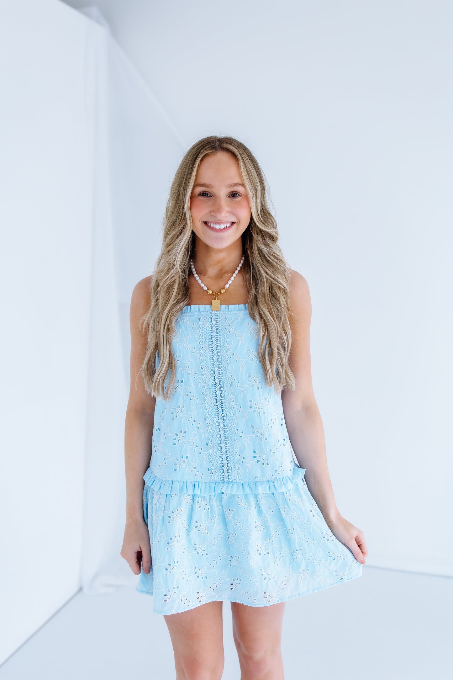 TULIPS AND TEA EYELET MINI DRESS