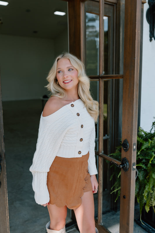 OFF THE SHOULDER BUTTON DOWN SWEATER