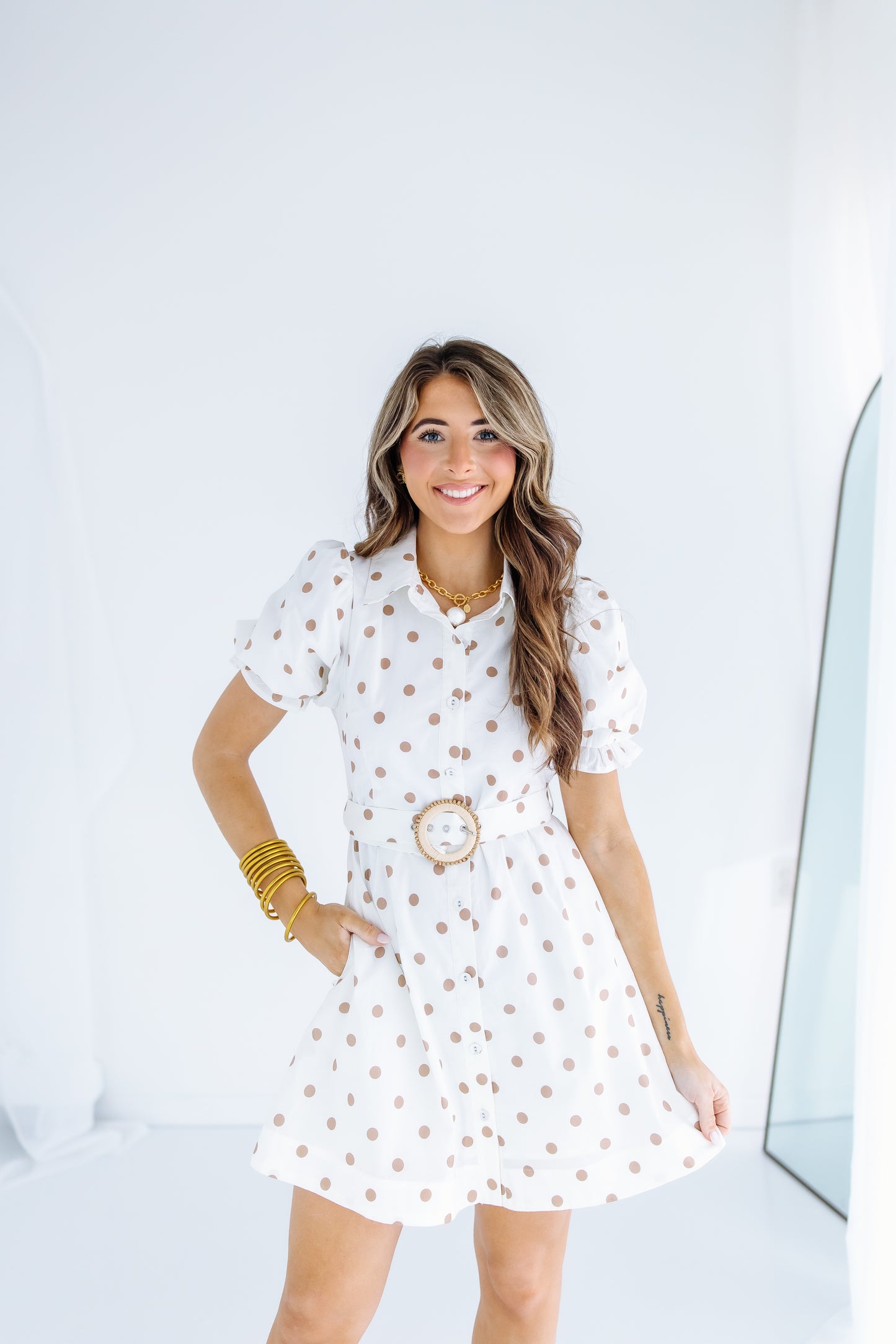 BELTED POLKA DOT MINI DRESS