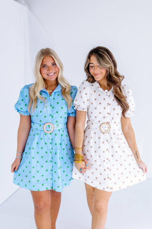 BELTED POLKA DOT MINI DRESS