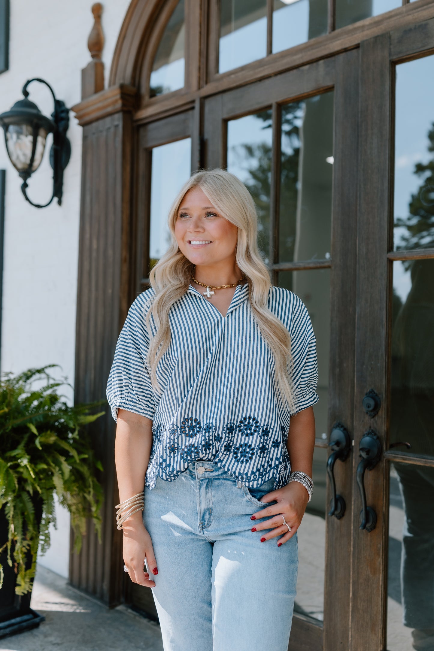 EMBROIDERED SCALLOPED HEM BLOUSE