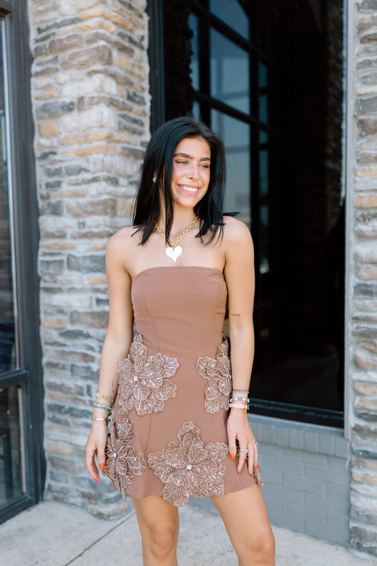 LYN APPLIQUE TUBE MINI DRESS