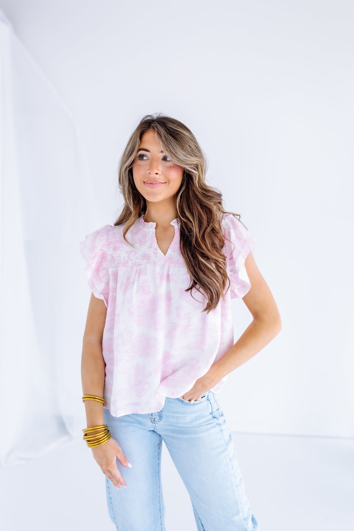 PINK TOLIE SMOCKED RUFFLE BLOUSE