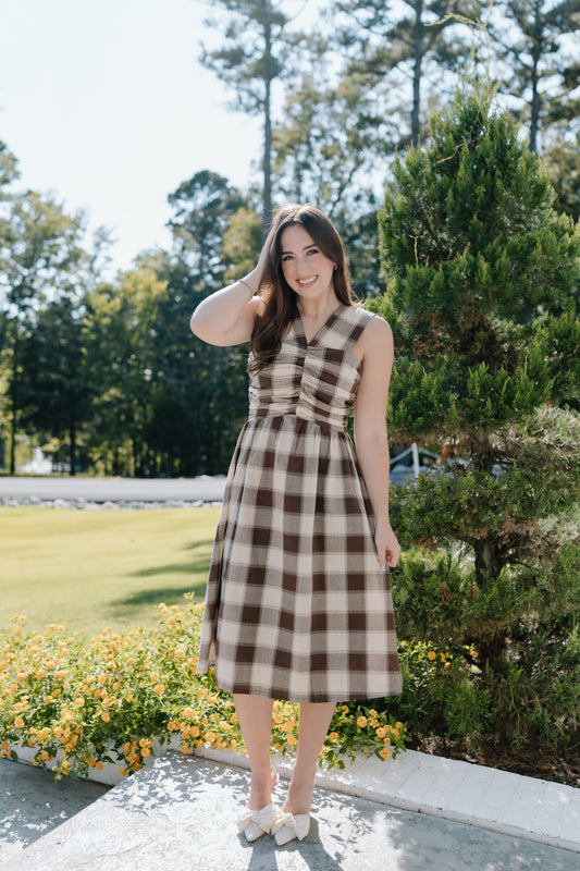 BROWN CHECKERED MIDI DRESS