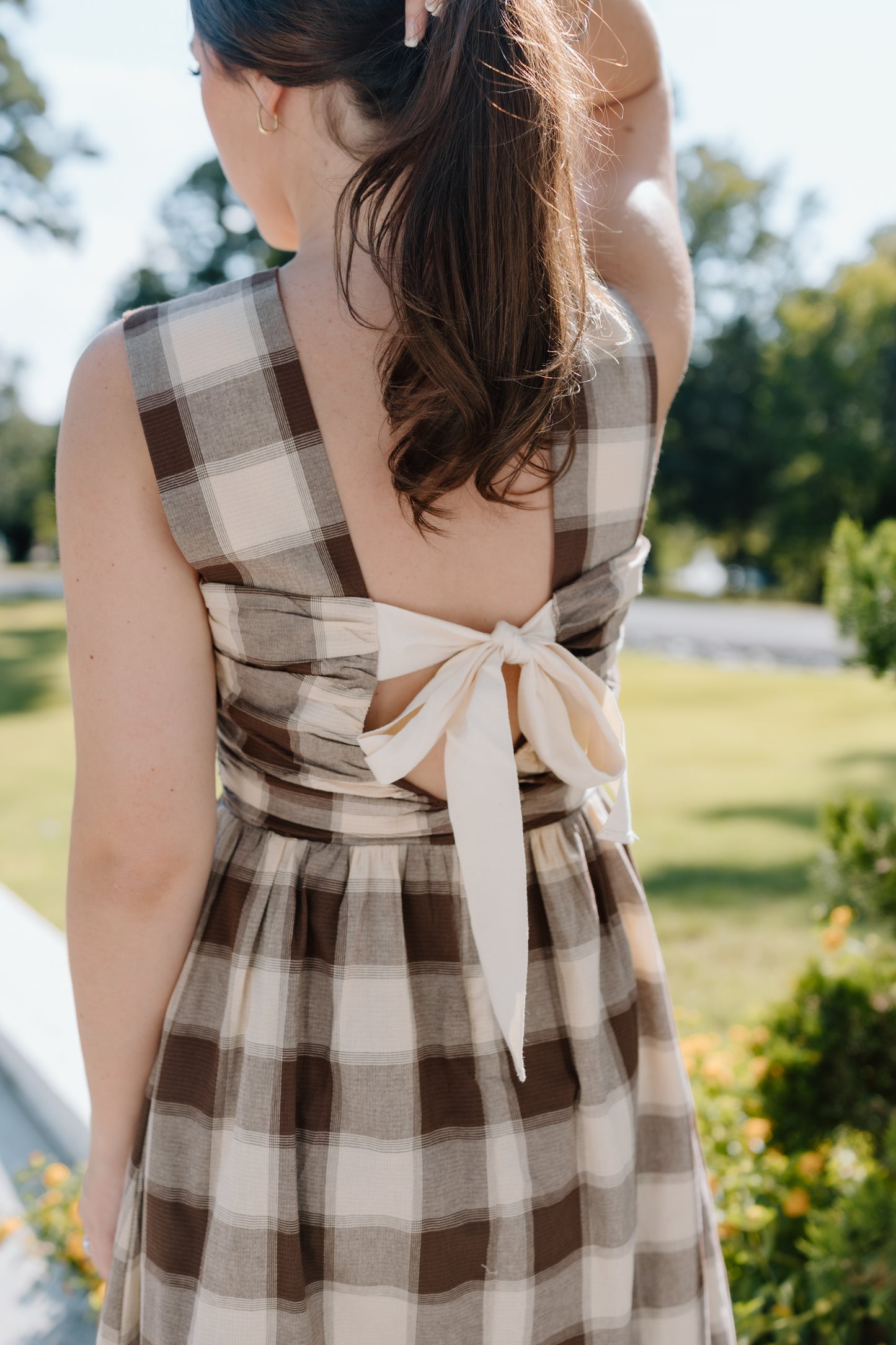 BROWN CHECKERED MIDI DRESS