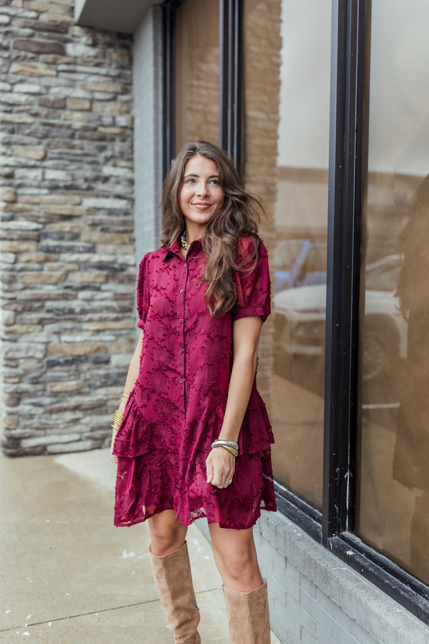 BIRDY TIERED BURGUNDY MINI DRESS