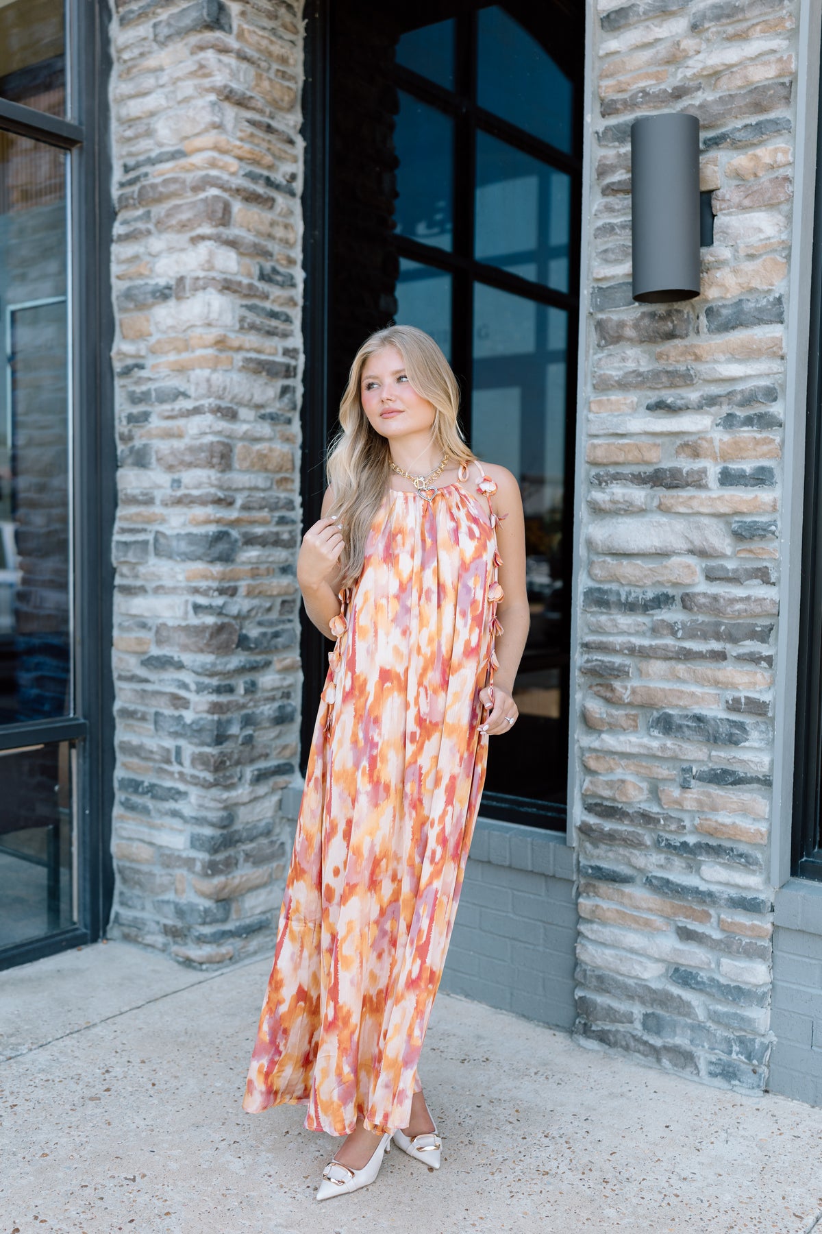 ABSTRACT FLORAL PETAL TRIM MAXI DRESS
