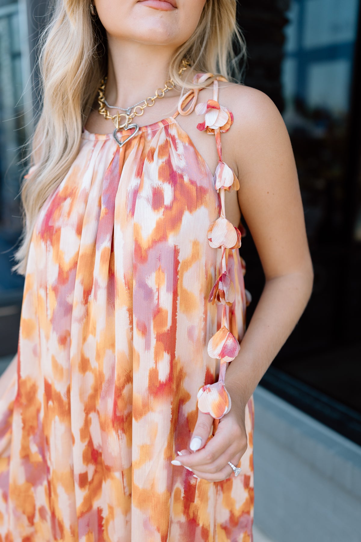 ABSTRACT FLORAL PETAL TRIM MAXI DRESS
