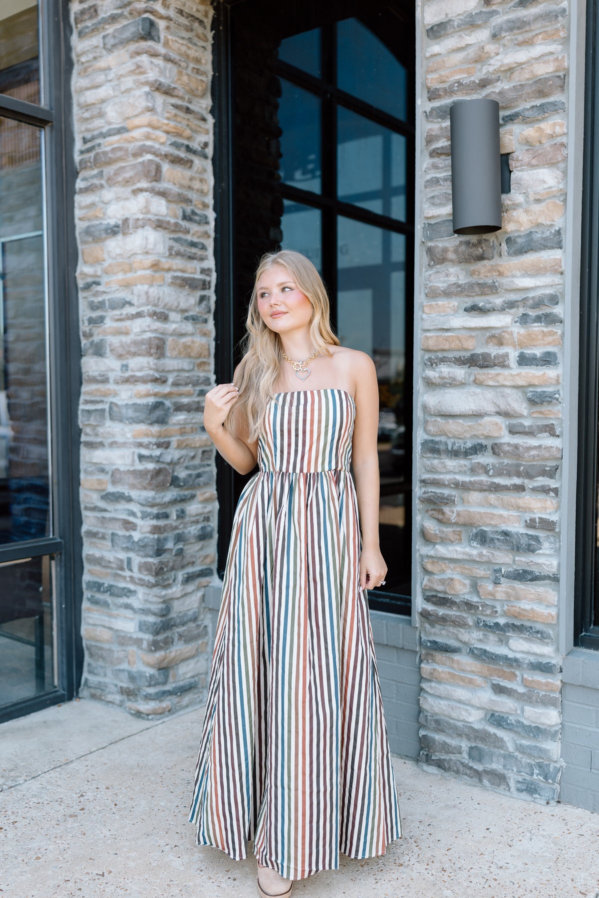 MULTI STRIPE STRAPLESS MAXI DRESS