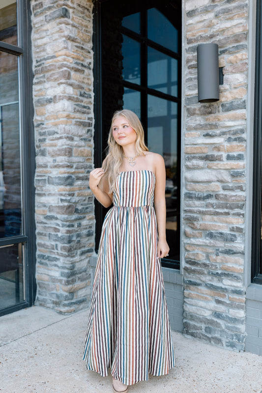 MULTI STRIPE STRAPLESS MAXI DRESS