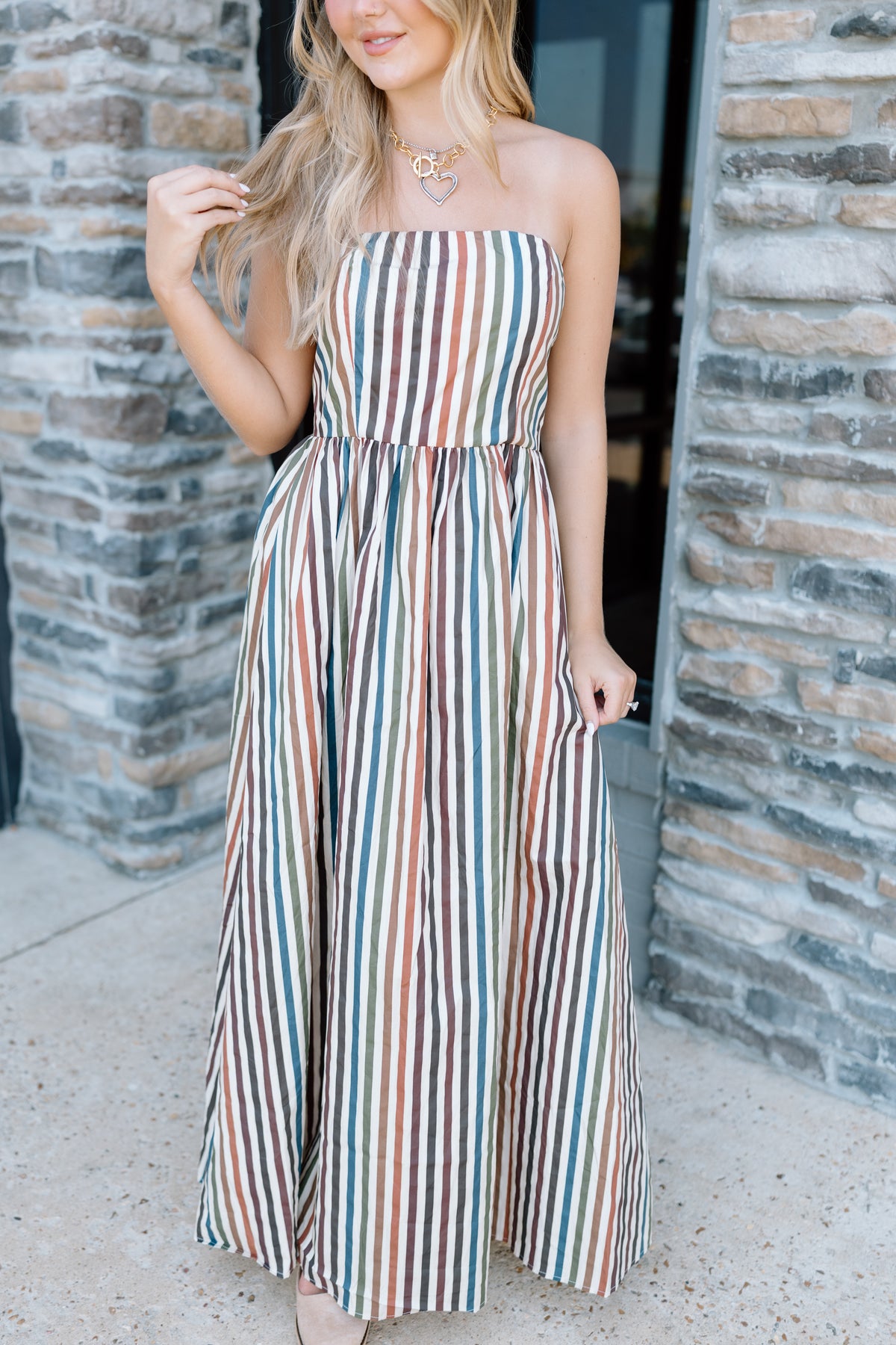 MULTI STRIPE STRAPLESS MAXI DRESS