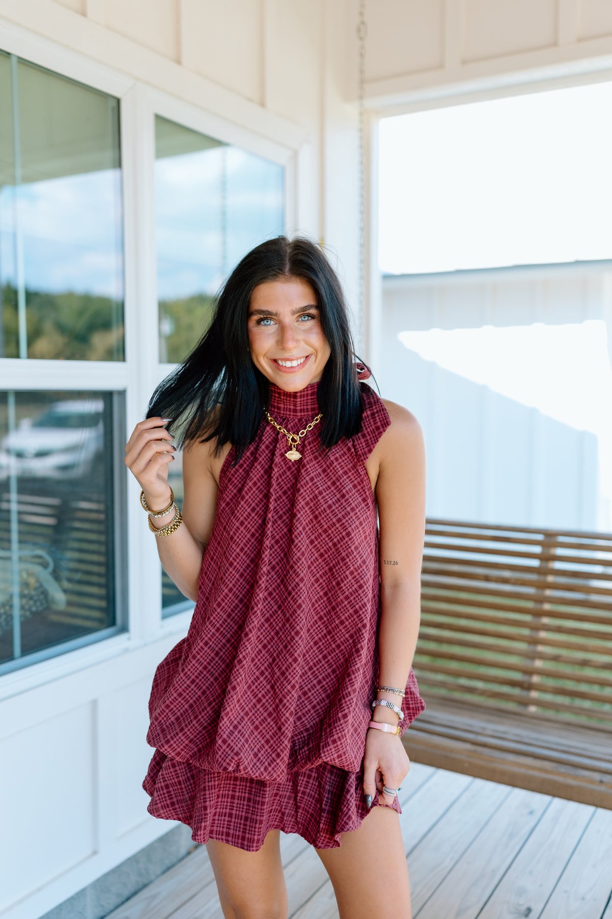 PLAID HALTER NECK BUBBLE MINI DRESS