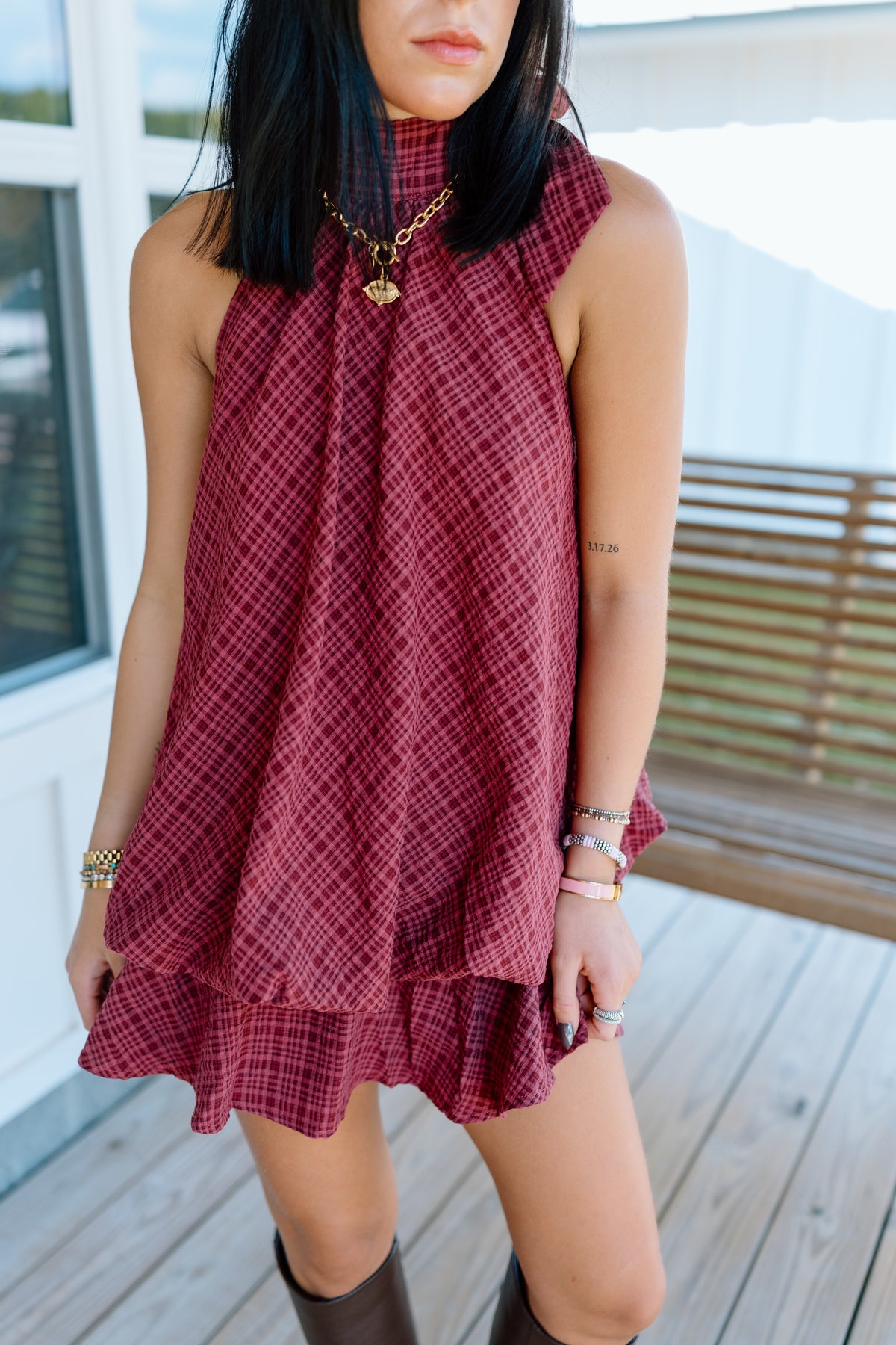 PLAID HALTER NECK BUBBLE MINI DRESS