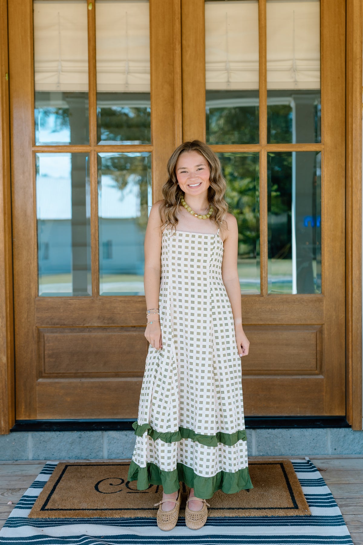 GINGHAM RUFFLE TIERED MIDI DRESS
