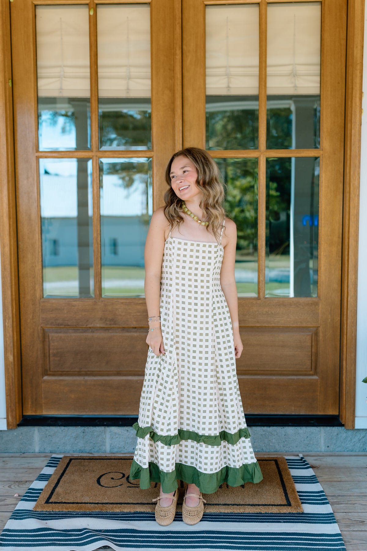 GINGHAM RUFFLE TIERED MIDI DRESS