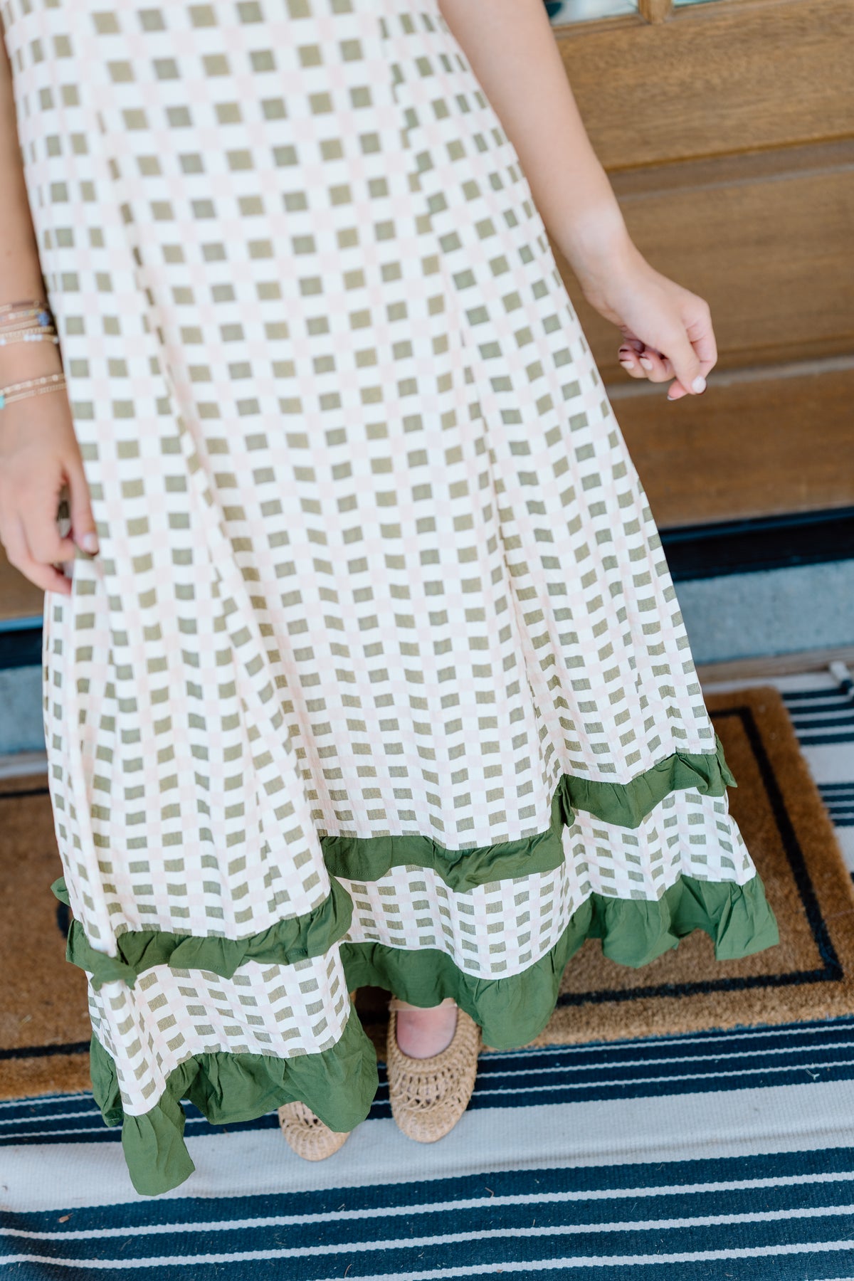 GINGHAM RUFFLE TIERED MIDI DRESS