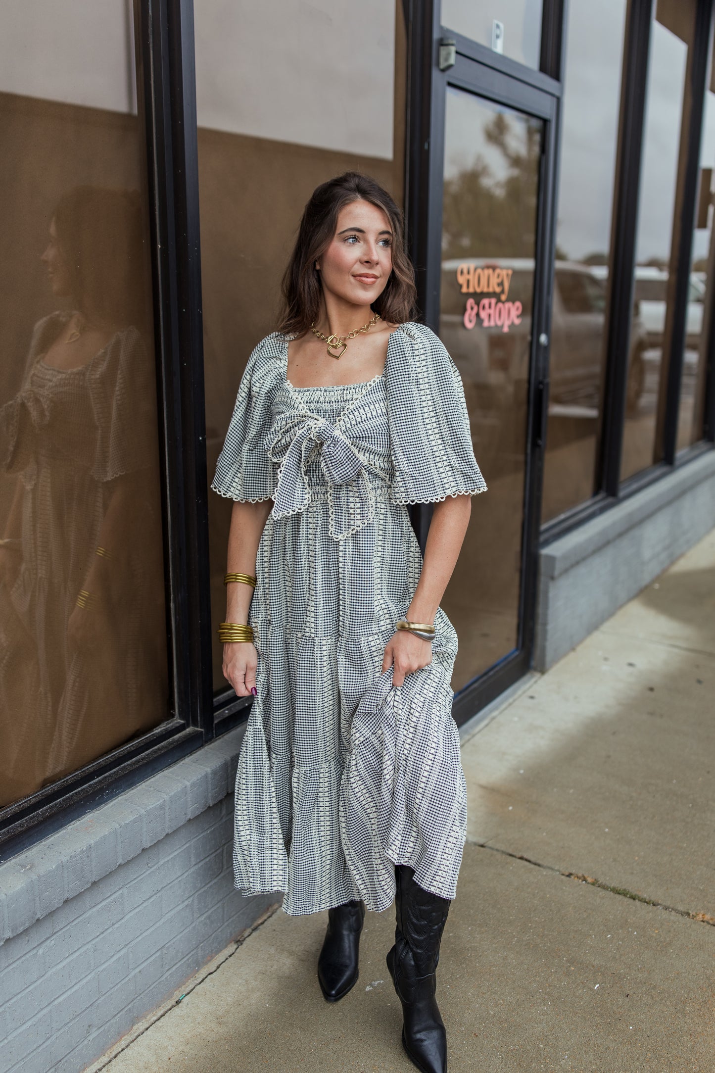 VINTAGE GINGHAM BOW MAXI DRESS