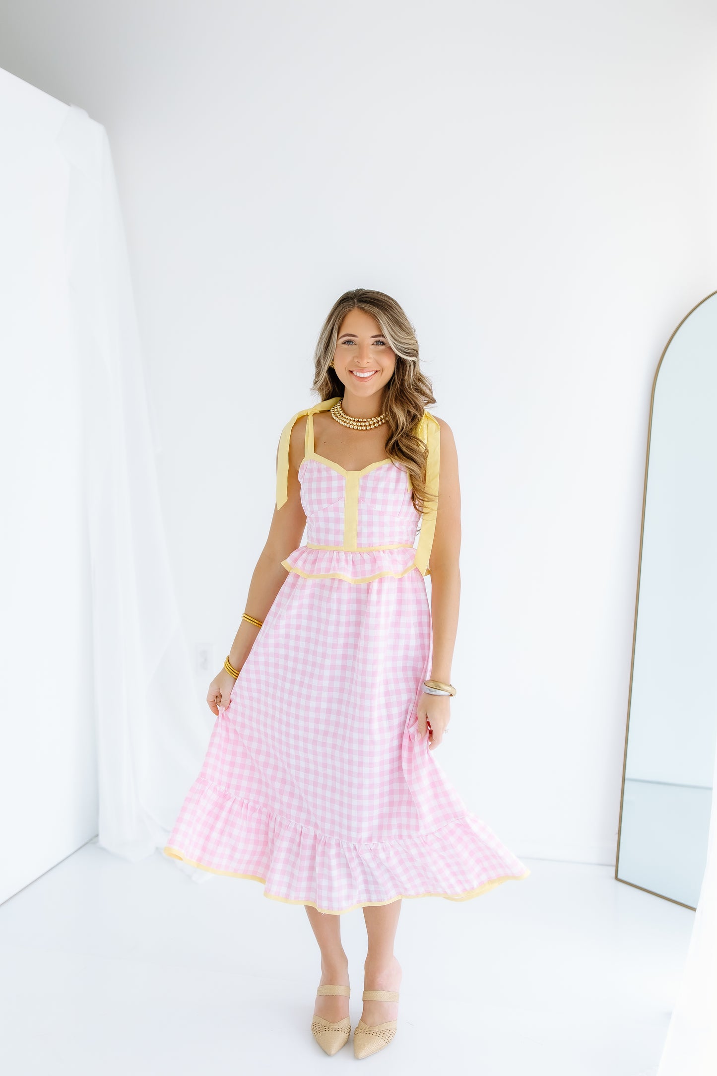 PINK LEMONADE SWEETHEART GINGHAM MIDI DRESS